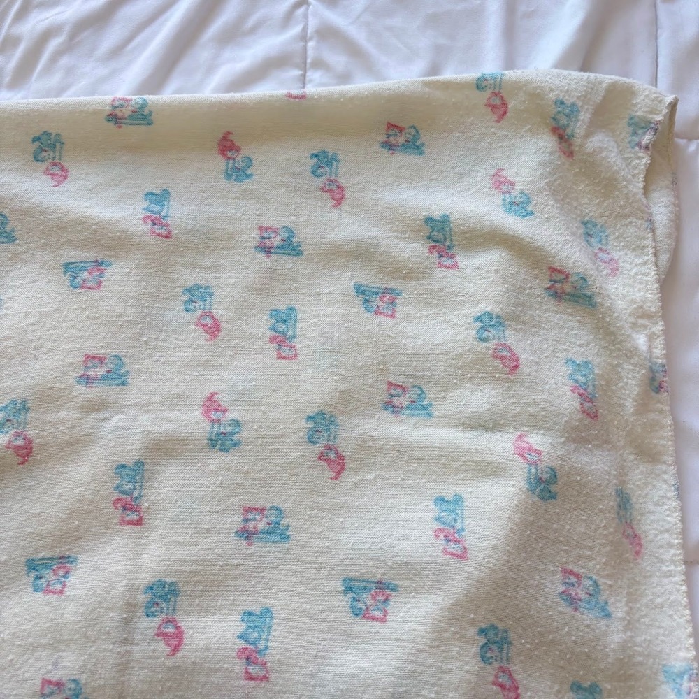 Vintage 70s Teddy Bear Blanket Pastel Pink Blue Thermal Knit 42x31 Baby
